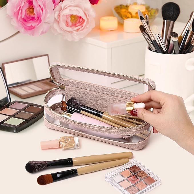 Pinkmik Makeup Brush Case Clear Travel Cosmetic & Toiletry Bag Slim Makeup Bag with Zipper Small Purse Organizer Car Essential Bag for Women (Pink, SLIM-1)