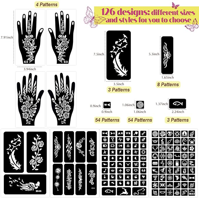 126 PCS Temporary Tattoos Stencils Kit,Temporary Tattoos Kit - 6 Pcs 2 Color(Brown Black) Ink with Gloves,DIY Body Art Painting for Women Men Adults Kids