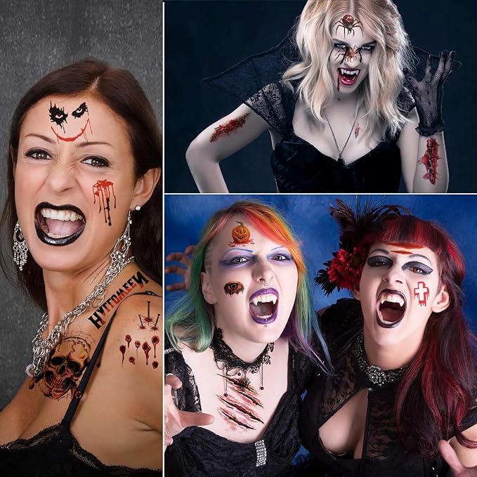 Halloween Zombie Makeup, 12 Sheets Halloween Fake Scars Bloody Wound Temporary Tattoos, Halloween Party Cosplay Vampire Makeup Tattoos for Women Men Kids