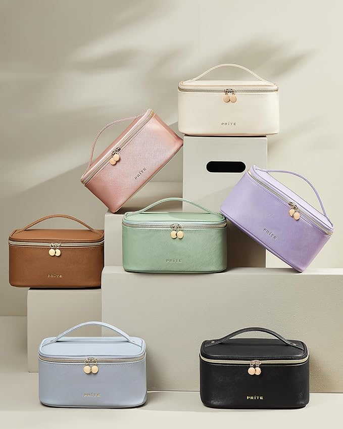 Prite Makeup Bag Portable Cosmetic Organizer with Brush Holder Waterproof Travel Toiletry Bag for Women with Handle and Divider (Pearl Pink)