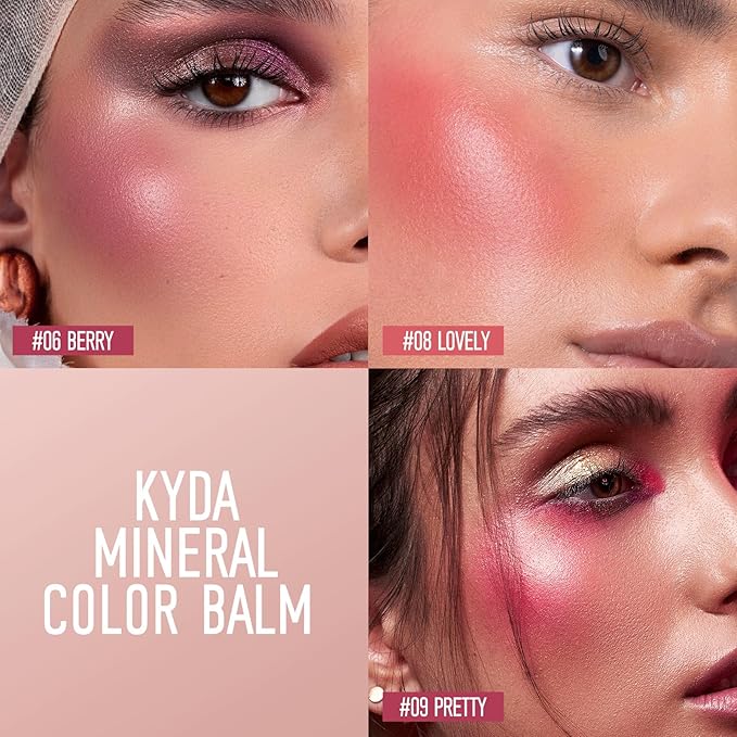 KYDA 3 Colors Mineral Color Balm, SPF 35, Buildable Shimmer Color for Lip and Cheek, Shimmer Cream Blush Stick, Lightweight Blendable, Multiuse Makeup Balm, BERRY+LOVELY+PRETTY