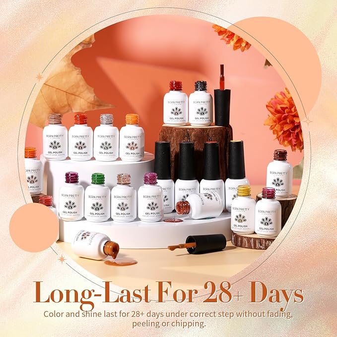 Born Pretty Fall Winter Gel Nail Polish Set Autumn Gel Polish Orange Pumpkin Cozy Campfire Brown Caramel Burgundy Wine Red Green Coffee Gel Nail Polish Fall Colors Collection 39PCS