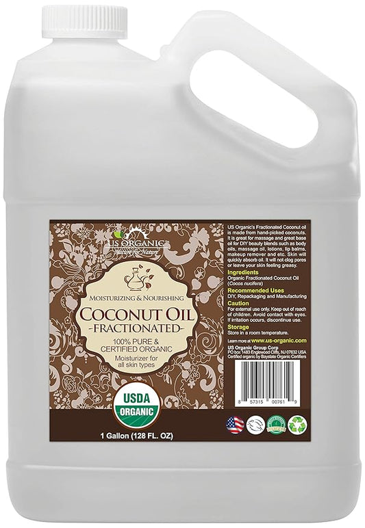 US Organic Fractionated Coconut Oil Bulk Pack, USDA Certified Organic, Non-GMO, Perfect for massage, carrier oil for DIY blends, Hair, Skin care. 100% Pure, Hexane-Free (128 oz (1 Gallon))