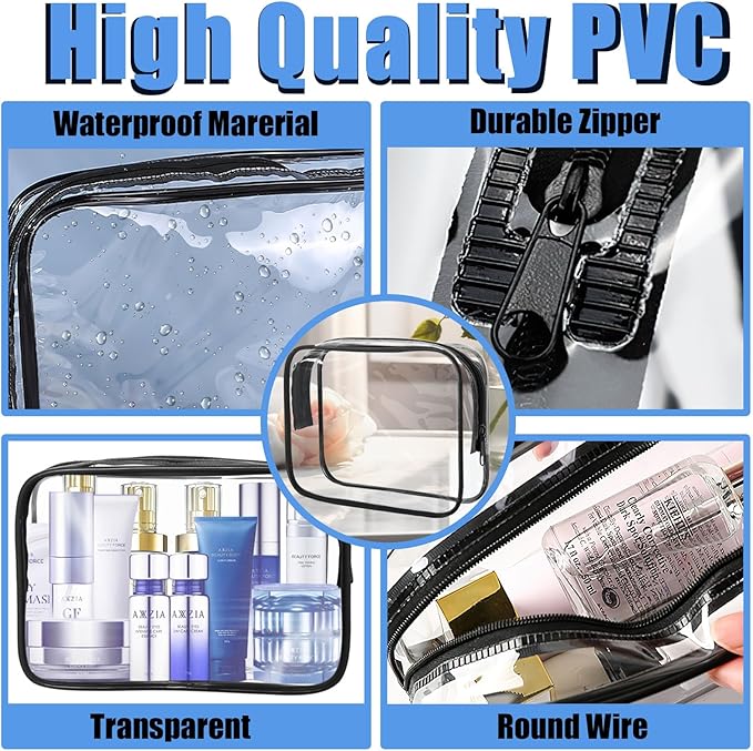12 Pcs Clear Cosmetic Bag PVC Waterproof Zippered Clear Toiletry Carry Pouch Cosmetic Makeup Bag for Women Men Vinyl Plastic Organizer Case for Vacation Bathroom (Large, Black)