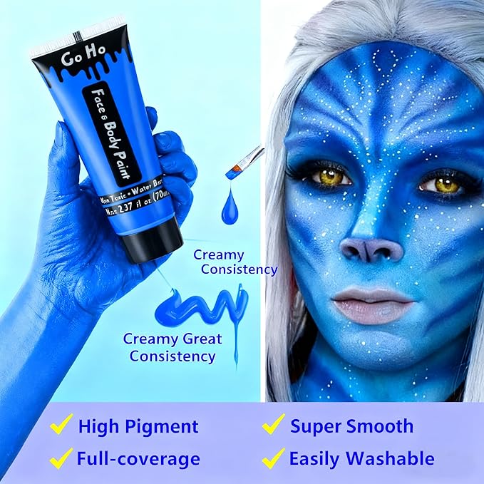 Go Ho Royal Blue Face Body Paint Washable(2.37oz/pc),Water Based Cream Blue Face Paint,Smurf Mystique Avatar Clown Makeup,Blue Body Paint for SFX Cosplay Costumes Festivals Halloween Makeup