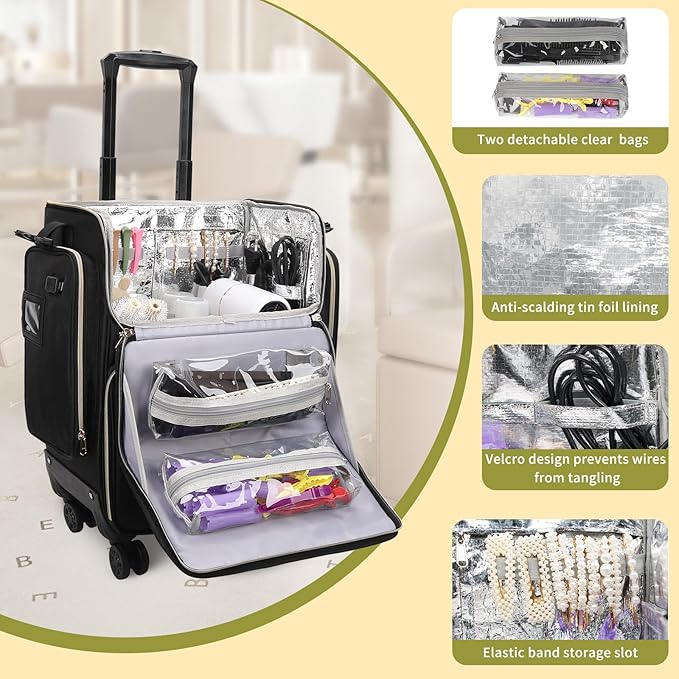 OCHEAL Hairstylist Traveling Case with 4 Clear Travel Makeup Bags Set, Cosmetic Makeup Trolley Train Case Hairdresser Case with Detachable Pouch & 360° Rotatable Wheels for HairdressingTool Organizer