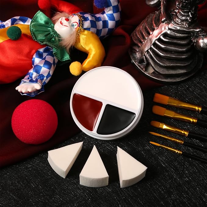 Afflano Red Black White Face Paint Halloween Clown Makeup Kit, Black and White Body Paint with Sponges Brushes, Washable Red Face Painting for Joker Pennywise Zombie Vampire Cosplay Theater SFX Makeup