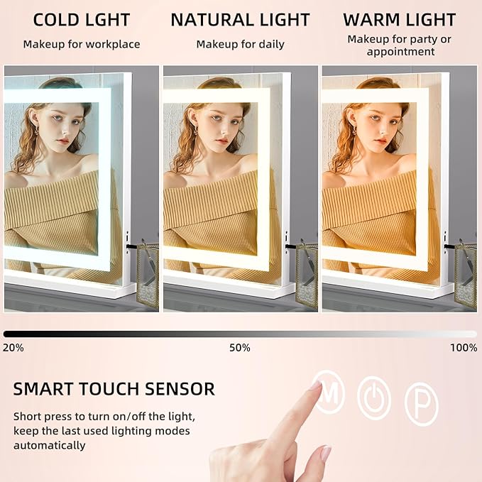 COOLJEEN Vanity Mirror with Lights, 23" x 18" LED Makeup Mirror, Lighted Makeup Mirror with 3 Color Modes, Detachable 10x Magnification and USB Charging, Tabletop & Wall-Mounted