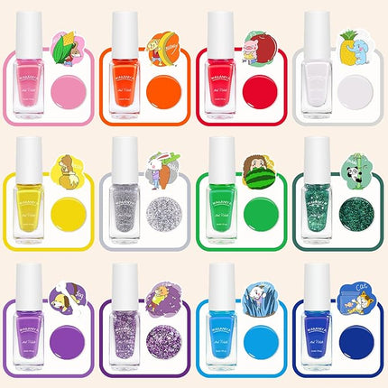 wakaniya Kids Nail Polish - Mini Nail Polish Set for Girls 12 Rainbow Colors with Nail Stickers, Water Based Natural Safe Non Toxic Peel Off