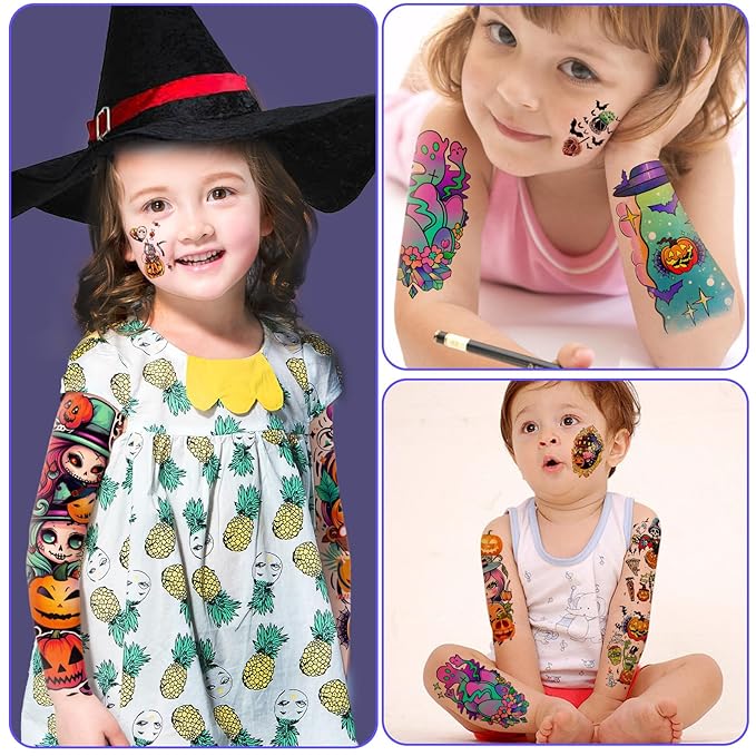 52 Pcs Bright colors Halloween Temporary Tattoo for Kids Full Arm for Girls Boys Pumpkin Ghost Castle Monster Body Face Fake Arm Tattoos Makeup Tiny Tattoo Stickers Scary Halloween Party Supplies