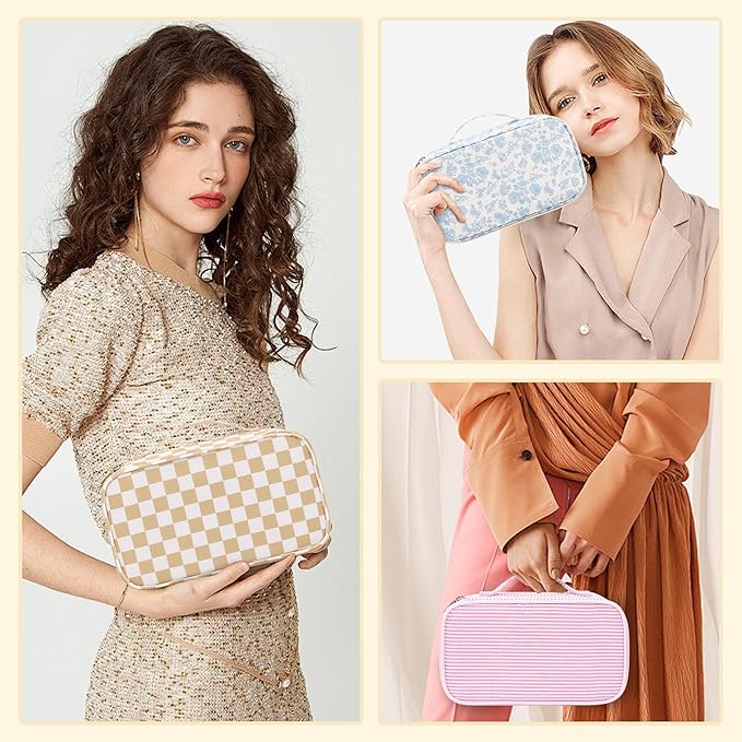 Relavel Travel Makeup Bag with Brush Holder, Dual-Layer Small Cosmetic Organizer, Portable Toiletry Bag for Accessories Storage, Cute Make Up Bag for Gift, Trip, Camp, Daily Use - Plaid