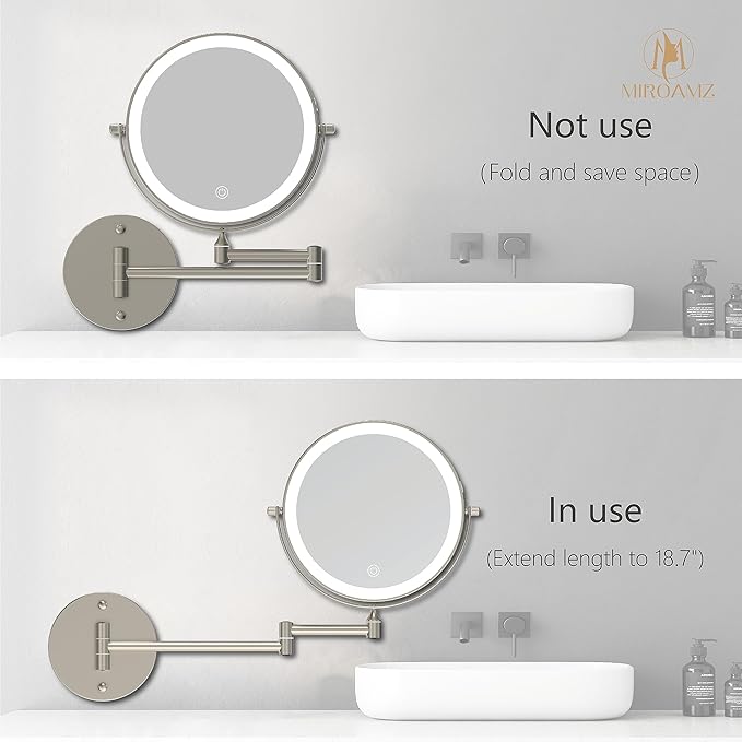 Rechargeable Wall Mounted Lighted Makeup Vanity Mirror 8 Inch Double Sided 1X 10X Magnifying Bathroom Mirror, 3 Color Lighting, Touch Screen, 360 Rotation, Shaving Mirror Brushed Nickel