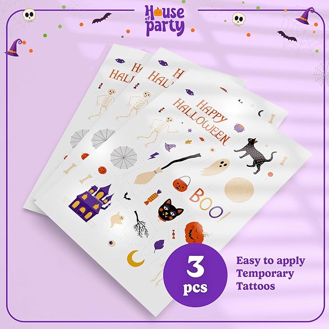 HOUSE OF PARTY Halloween Temporary Tattoos for Kids - Pack of 108 - Glow in the Dark Tattoos - Non-Toxic Waterproof Stickers for Boys and Girls - Ideal for Halloween Party Favors and Decorations!