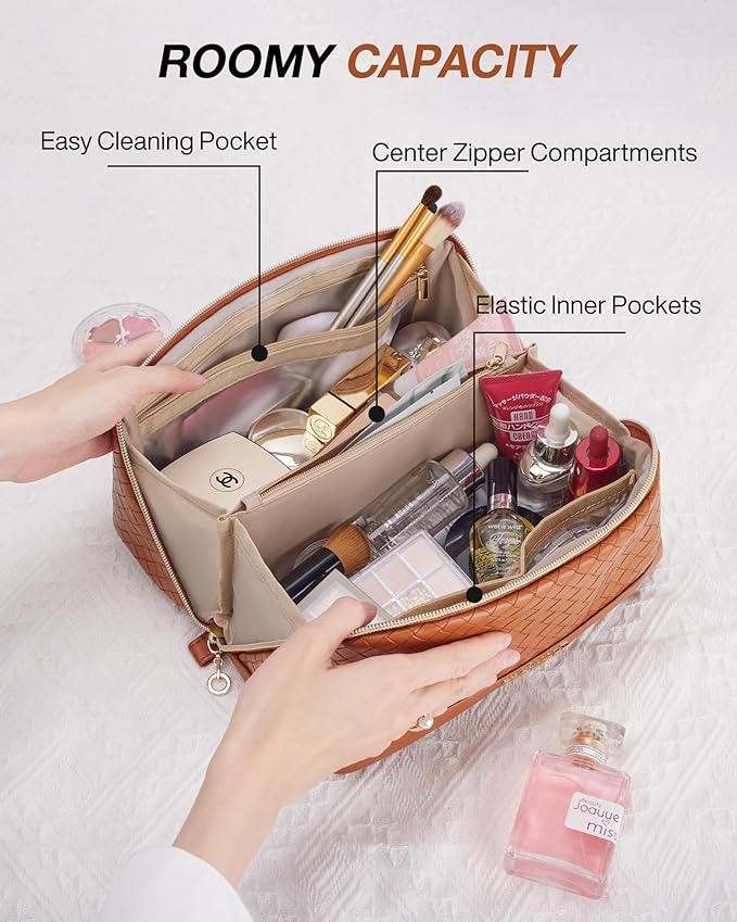 BAGSMART Makeup Bag, Travel Cosmetic Bag Organizer, PU Leather Water-Resistant Pouch, Open Flat Makeup Storage for Toiletries, Brushes, PU Leather Brown
