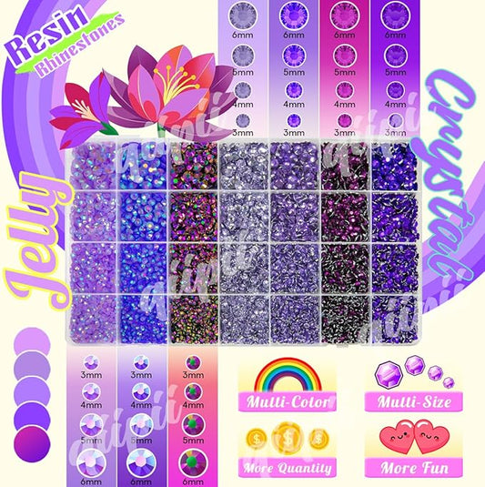 28 Types Purple Jelly Resin Rhinestones w B7000 Jewelry Glue for Bedazzling Crafting 3-6mm Flatback Stones Gems Diamonds Charms for Nails Face Eyes Makeup Crafts Tumblers Bottles Clothes Shoes
