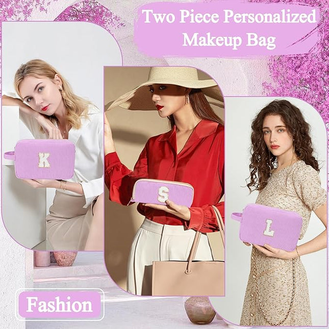 Personalized Initial Makeup Bag Trendy Stuff Corduroy Cosmetic Bag Travel Toiletry Bag, Valentine’s Day Gift Makeup Organizer Case & Makeup Pouch for Women teen Girls Mom Girlfriend Wife
