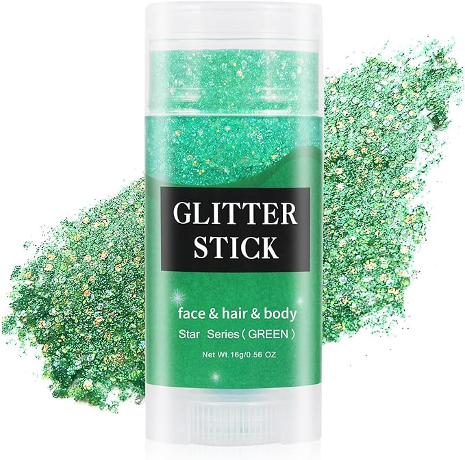 MEICOLY Green Face Glitter Stick,St Patricks Day Accessories,Irish St Patricks Day Outfit for Women,Face Body Hair Glitter for Women Kids,Rave Festival Mermaid Chunky Green Makeup for Mardi Gras
