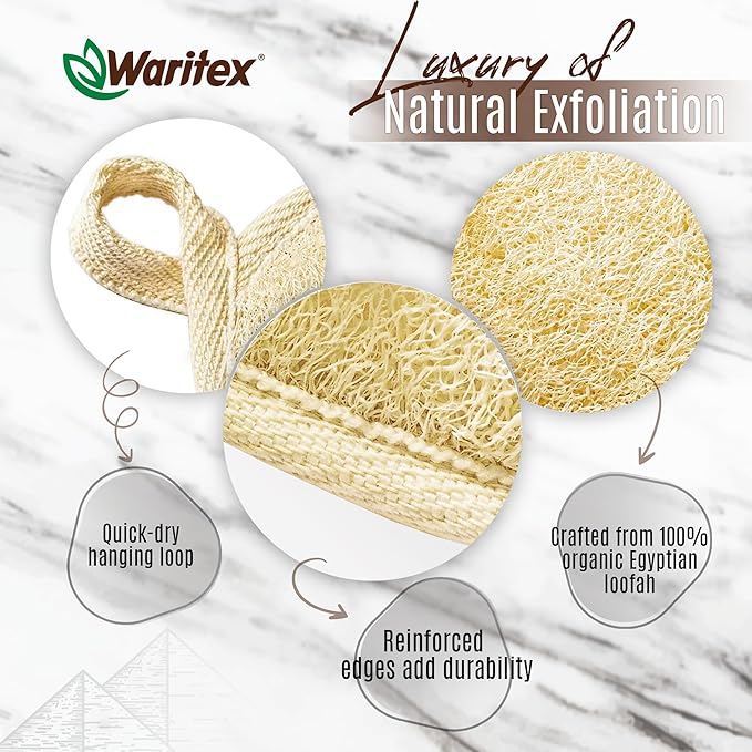Egyptian Loofah Exfoliating Body Scrubber with Hand Strap, Oval Shower Pads Made from Natural Egyptian Loofah Fibers, Gentle Cleansing for Face and Body, for Men and Women 3 Count (1 Pack)