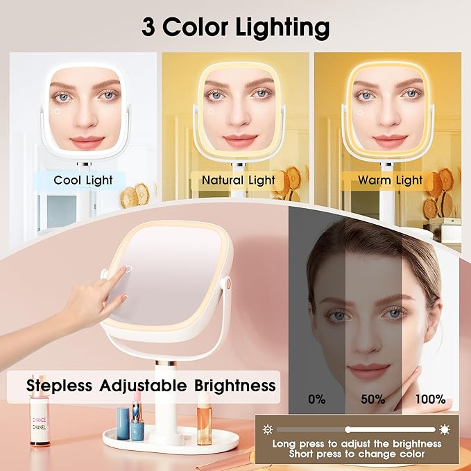 Makeup Mirror with Lights - 10x/1x Magnifying Mirror with Light, Rechargeable Desk Mirror with 3-Color Lighting & Memory Function, 360° Adjustable Table Mirror, Gift for Women (White)