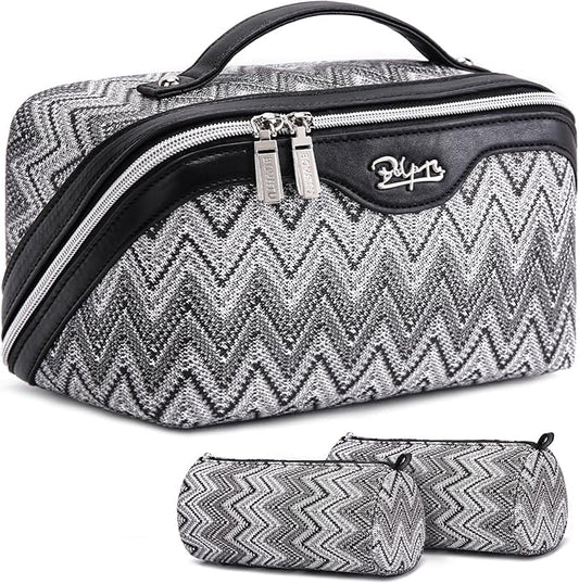 Travel Makeup Bag for Women: Western Boho Make up Bag Set of 3 - Large Capacity Vegan Leather Cosmetic Bag - Waterproof Toiletry Bag with Compartments & Handle & Divider(B-03Black)