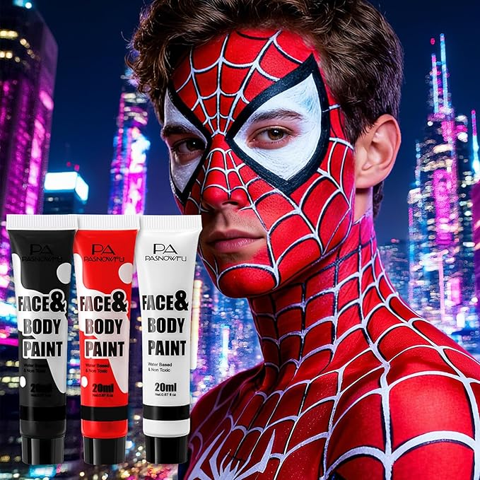 Black White Red Face Paint - Water-Based Non-Toxic Face Body Paint Kit for Demon and Spider-Inspired , Full Coverage Washable Formula for Halloween Cosplay, Costume Parties, Sports Events