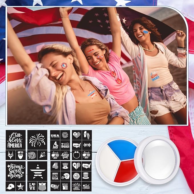 19 Pcs Halloween Face Paint Kit Red White Blue Face Paint Kit with Glitter Stencil Stickers Paint Stick Makeup Brush for Halloween Party Supplies