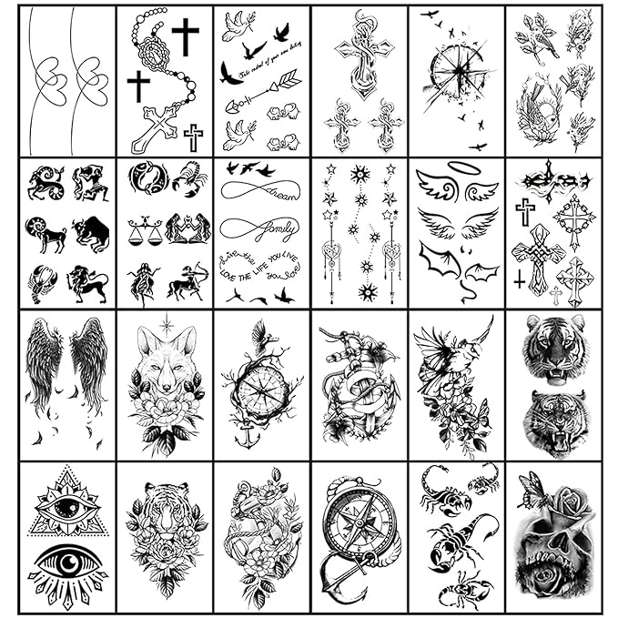 Yazhiji 36 Sheets Temporary Tattoos Stickers, 12 Sheets Fake Body Arm Chest Shoulder Tattoos for Men or Women with 24 Sheets Tiny Black Tattoos
