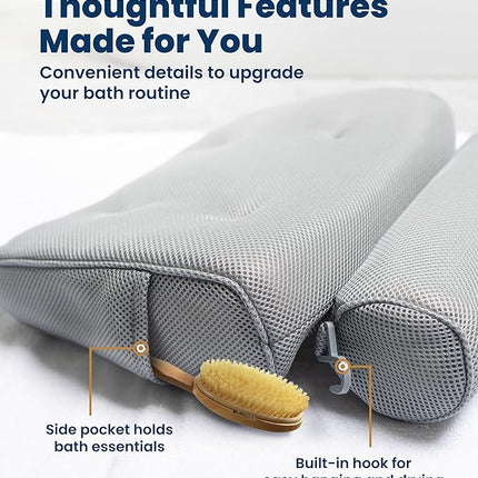 Everlasting Comfort Luxury Bath Pillows for Tub with Head and Neck Support - Non-Slip Bathtub Pillow with Suction Cups, Quick-Drying Mesh & Drying Hook - Jacuzzi & Spa Accessories for Women - Gray