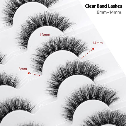 Happy Heartbeat 3D Clear Band Lashes 14mm Natural Soft Faux Mink Lashes C/D Curl Cat Eye Wispy Fake Eyelashes Short Cross Reusable False EyeLashes 7 Pairs (No.200)