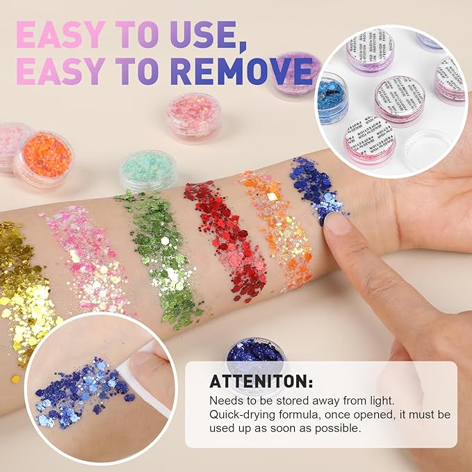 AROIC 40 Colors Body Glitter, Hair Glitter for Kids Women Makeup, Glow in The Dark, Eyeshadow Hair Gel Face Sparkles, Body Makeup for Festivals, Raves, Anime Cosplay, Concerts Festival Face Paint