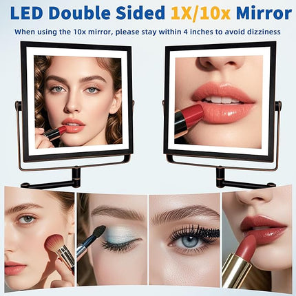 Ruacq Rechargeable Wall Mounted Makeup Mirror with Lights, Double Sided 1X/10X Magnifying Vanity Mirror with 3 Color Lights, Touch Screen Dimmable, 360° Rotation Foldable Arm (Oil Rubbed Bronze)