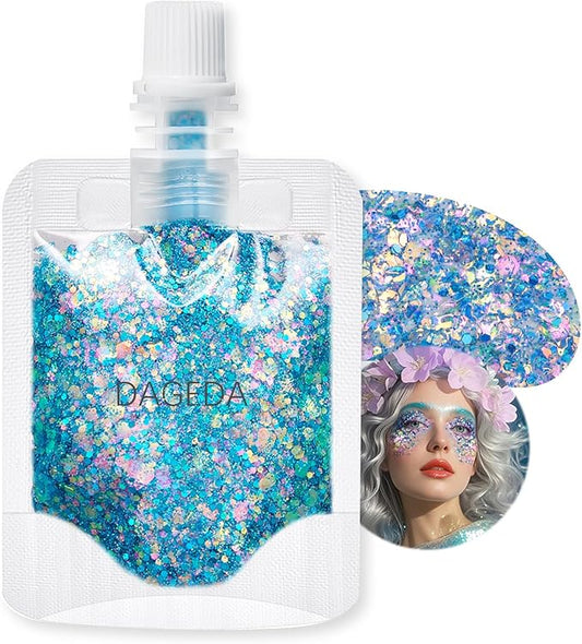 DAGEDA Blue Body Glitter Gel,Sparkly Face Hair Eye Glitter Makeup,Quick-Drying Body Shimmer Holographic Sequins, Singer Concert, Festival Rave Makeup Accessories