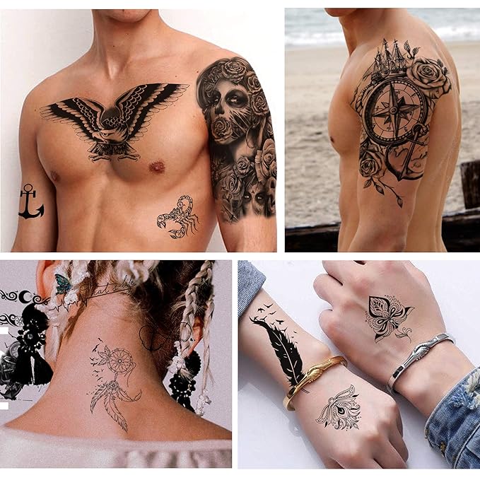 Yazhiji 32 Sheets Temporary Tattoos Stickers, 8 Sheets Fake Body Arm Chest Shoulder Tattoos for Men Women with 24 Sheets Tiny Black Temporary Tattoos