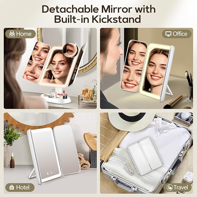 Lighted Makeup Mirror with 30X/10X/5X Magnification, Detachable Design for Travel, Rechargeable Trifold Mirror with 3 Color& Adjustable Brightness, Portable Makeup Mirror with Lights for Desk