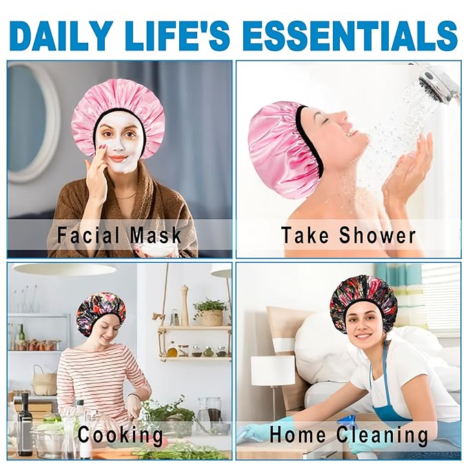 Shower Cap for Women, 2 PCS 3 Layers Terry Lined Shower Caps + 2 Satin Scrunchies, Waterproof Terry Cloth Bath Caps Elastic and Reusable Hair Cap for Shower - (Pink+Flower A)