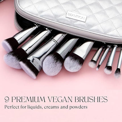 Professional Makeup Brush Set – 9 Piece Vegan Brushes with Carry Pouch | Soft Dense Bristles for Liquid, Cream & Powder | Lightweight Aluminum Handles Makeup Brushes For Daily Makeup Routine