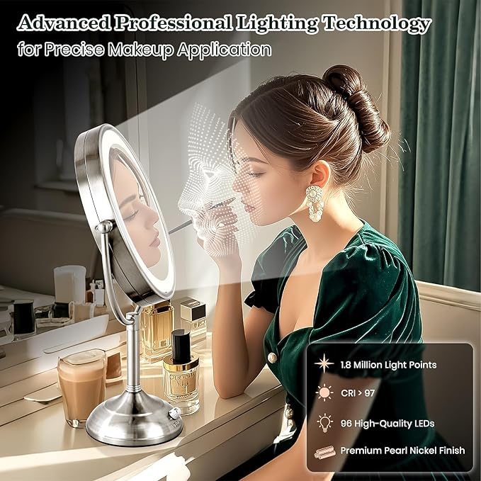 VESAUR 11.8" Extra Large 17" Tall Lighted Makeup Mirror, 1X/5X Double Sided Magnifying Mirror with 96 LEDs, 3 Color Modes & Adjustable Brightness, 360° Rotation, Nickel Finish - Great Gift for Women