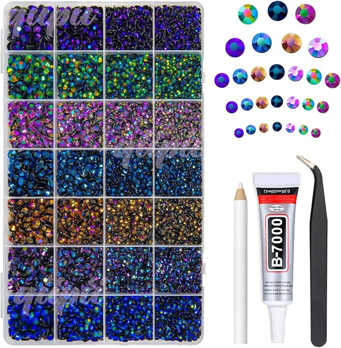 28 Types Colorful Black AB Resin Rhinestones w B7000 Jewelry Glue for Bedazzling Crafting 3-6mm Flatback Stones Gems Diamonds for Nails Face Eyes Makeup Crafts Tumblers Bottles Clothes Shoes