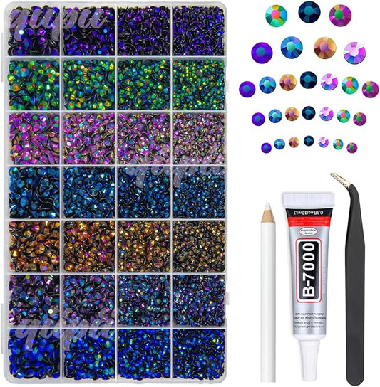 28 Types Colorful Black AB Resin Rhinestones w B7000 Jewelry Glue for Bedazzling Crafting 3-6mm Flatback Stones Gems Diamonds for Nails Face Eyes Makeup Crafts Tumblers Bottles Clothes Shoes