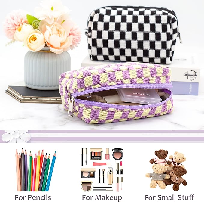 PAZIMIIK Checkered Makeup Bag for Purse Portable Zipper Make Up Pouch Small Cosmetic Case for Travel Accessories (Purple)