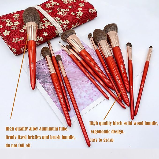 Makeup Brushes Set BUTIYO Synthetic Foundation Powder Concealers Eye shadows Blush Makeup Brushes with red 12 pcs (FB021)