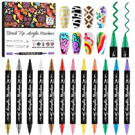 Kalolary 12 Colors Nail Art Pens Set, 3D Nail Polish Pens Double-Ended Acrylic Paint Pen Nail Art Markers Quick-Dry Nail Art Tools for Dotting Drawing Painting DIY Nail Art Beauty Manicure（B）