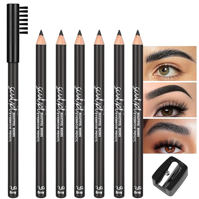 6Pcs Eyebrow pencil wooden，Brow Kit with Brush and Sharpener，Eyebrow Pencils for Women，Fine Tip Eye Brow Eye Liner for Eye Makeup,Shapes, Defines, Fills Brows (Gray ash-05)
