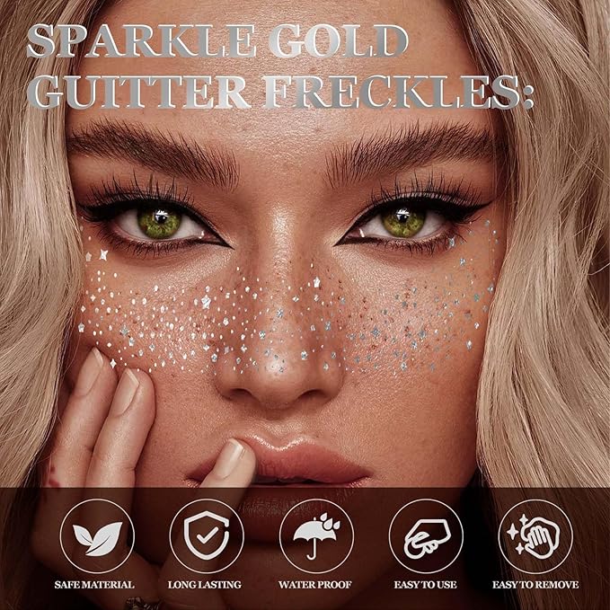 10 Pcs Glitter Freckles Face Tattoo, Face Glitter Makeup Patches, Waterproof Sparkle Freckles Tattoo Fairy Makeup Accessories For Women (Silver)