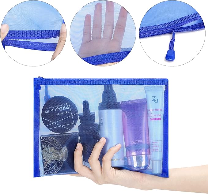 12 Pieces Zipper Nylon Mesh Pouch, Mesh Cosmetic Bags Makeup Bags Pencil Case, Multipurpose Travel Bags for Cosmetic School Office Supplies and Travel Accessories (Blue, A5+B6)