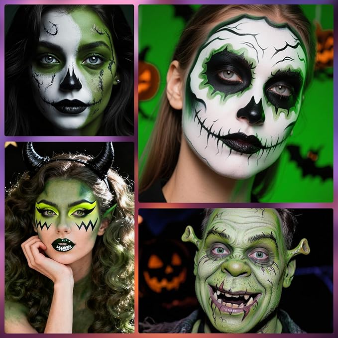 Ogre Green White Black Oil Based Face Paint Kit with Painting Brushes, Professional Greasepaint Halloween Face Painting Kit for Adult Cosplay Shrek Hulk Witch Grinch Carnival & Costume Party