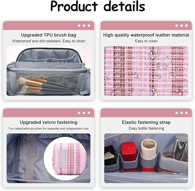 Travel Makeup Bag for Women: Large Capacity Open Flat Make up Bag Set of 3 - Vegan Leather Cosmetic Bag with Compartments - Waterproof Toiletry Bag with Handle & Divider(Pink)