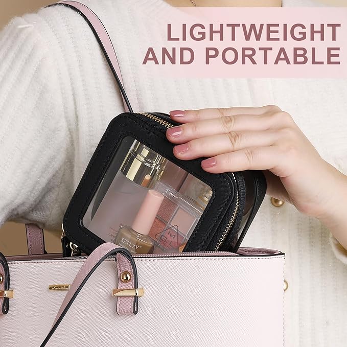 Pinkmik Clear Makeup Bag with Zipper Waterproof Travel Makeup Set for Cosmetics and Toiletries Women's Purse Organizer and Car Essentials (Black, M+MINI-1)