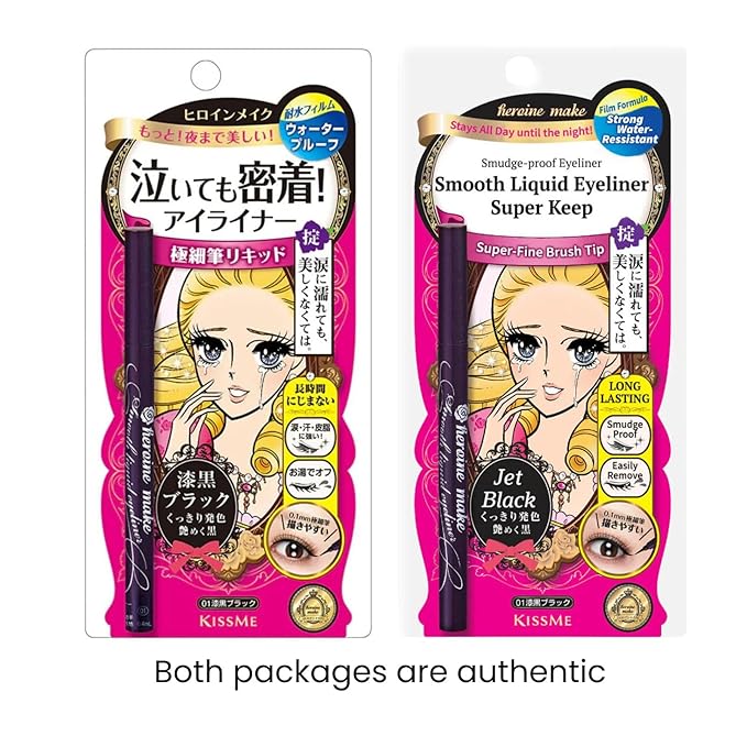 HEROINE MAKE by KISSME Waterproof Mascara Black by Defining Fiber for Long and Curl Eye Makeup for Women + Smooth Liquid Black Eyeliner, Smudge-free + Gentle Mascara Remover Oil Free, 3 Set