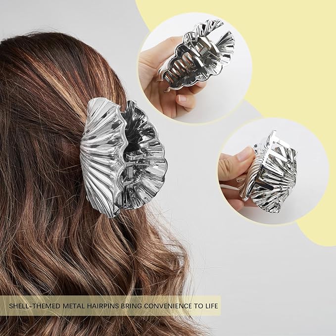 2pcs Seashell Hair Clip Fashion Sweet Shell Hair Claw Metal Shell Claw Clip Hair Accessories for All Hair Types, Such as Thick, Long, Straight, and Curly Hair (Silver (1 large + 1 small)